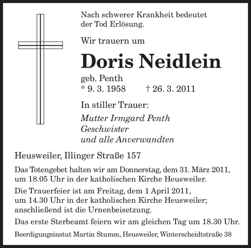  Traueranzeige für Doris Neidlein vom 30.03.2011 aus SAARBRÜCKER ZEITUNG