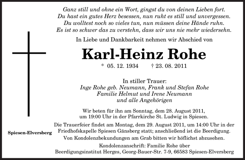 Traueranzeigen von Karl-Heinz Rohe | Saarbruecker-Zeitung.Trauer.de