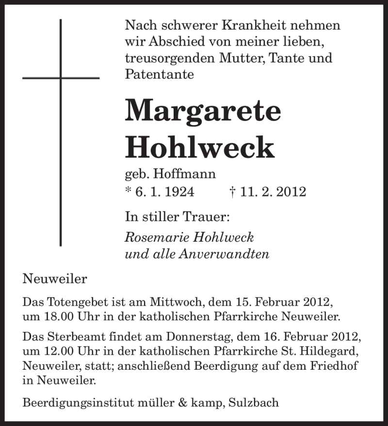  Traueranzeige für Margarete Hohlweck vom 13.02.2012 aus SAARBRÜCKER ZEITUNG
