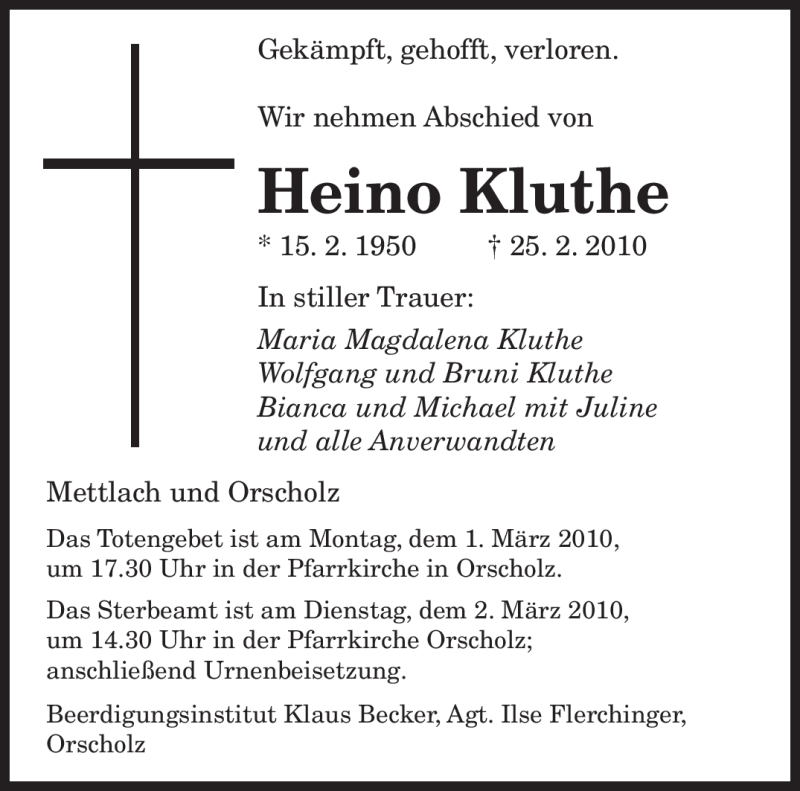  Traueranzeige für Heino Kluthe vom 27.02.2010 aus SAARBRÜCKER ZEITUNG