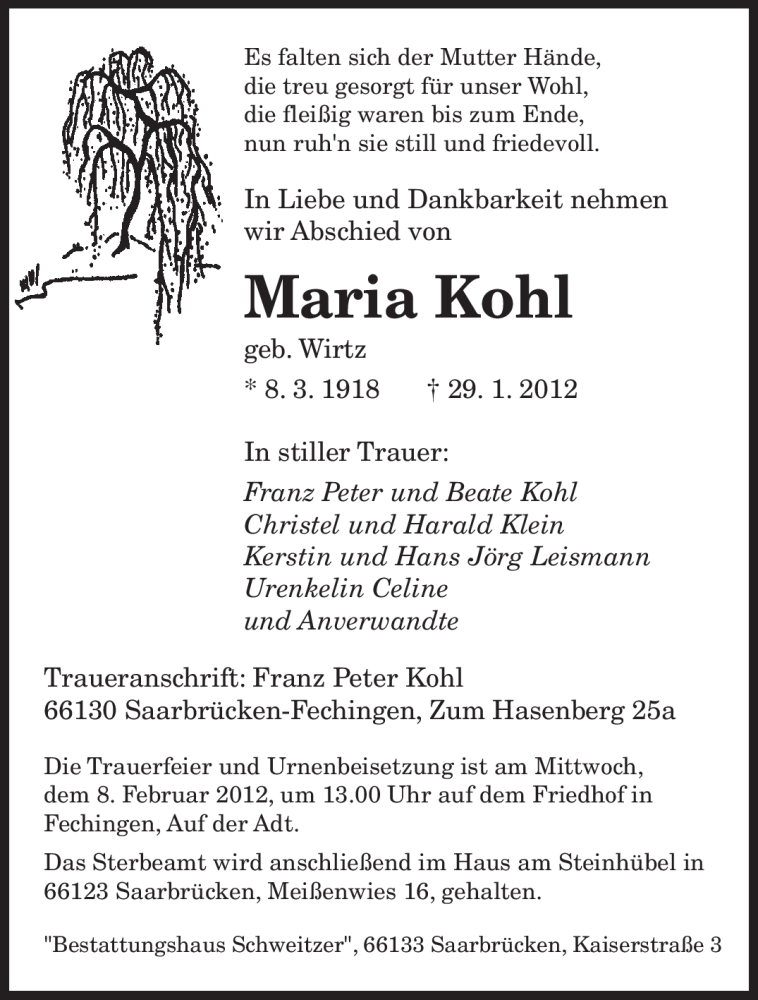  Traueranzeige für Maria Kohl vom 02.02.2012 aus SAARBRÜCKER ZEITUNG