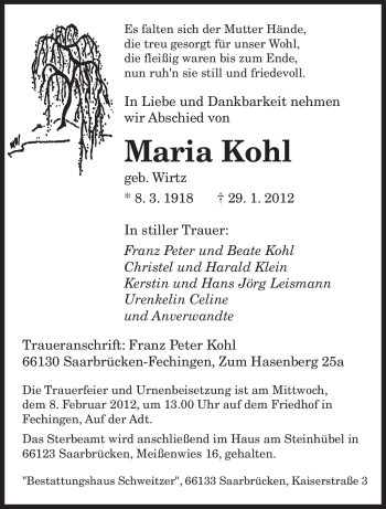 Traueranzeige von Maria Kohl von SAARBRÜCKER ZEITUNG