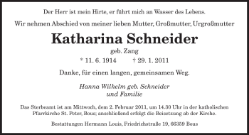 Traueranzeige von Katharina Schneider von SAARBRÜCKER ZEITUNG