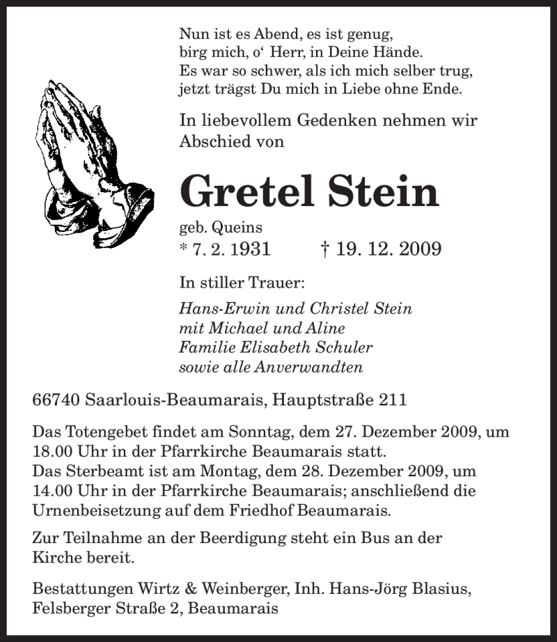  Traueranzeige für Gretel Stein vom 24.12.2009 aus SAARBRÜCKER ZEITUNG