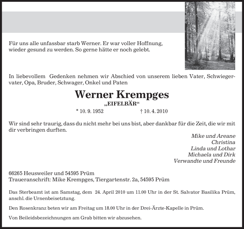  Traueranzeige für Werner Krempges vom 20.04.2010 aus SAARBRÜCKER ZEITUNG