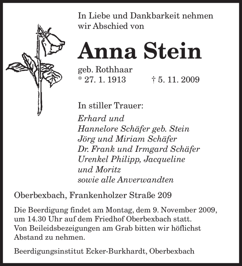  Traueranzeige für Anna Stein vom 07.11.2009 aus SAARBRÜCKER ZEITUNG