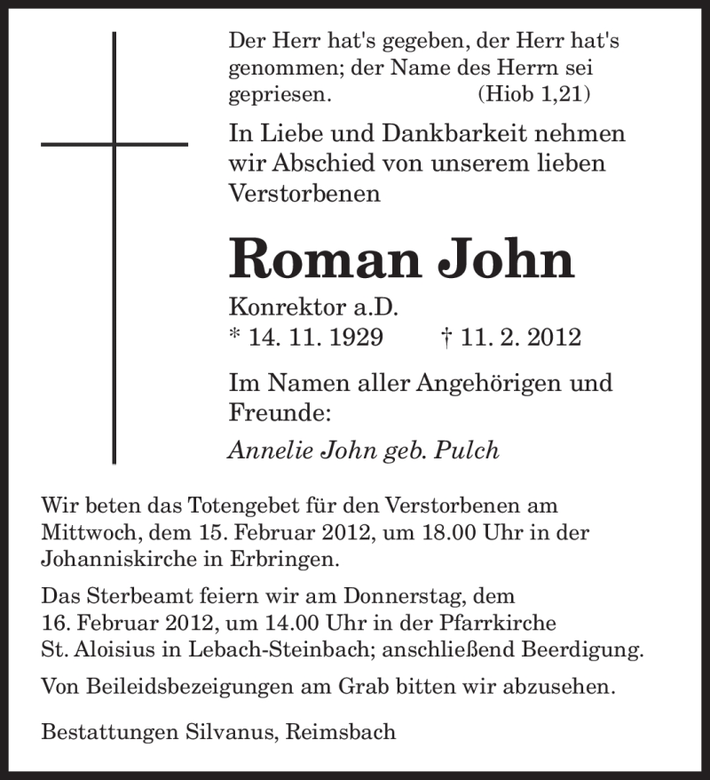  Traueranzeige für Roman John vom 14.02.2012 aus SAARBRÜCKER ZEITUNG