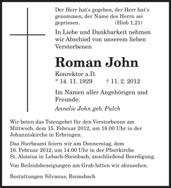 Traueranzeige von Roman John von SAARBRÜCKER ZEITUNG