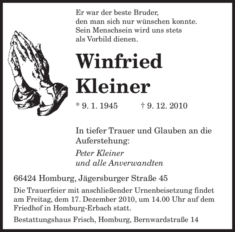  Traueranzeige für Winfried Kleiner vom 15.12.2010 aus SAARBRÜCKER ZEITUNG