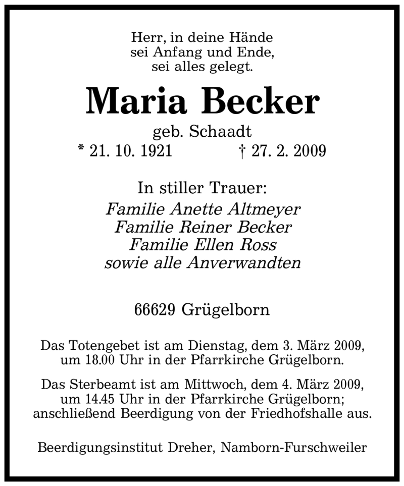  Traueranzeige für Maria Becker vom 03.03.2009 aus SAARBRÜCKER ZEITUNG