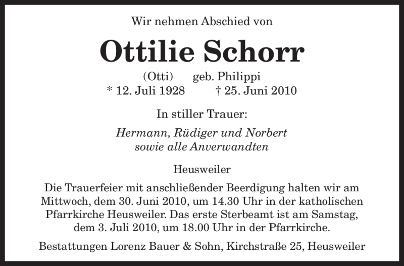  Traueranzeige für Ottilie Schorr vom 28.06.2010 aus SAARBRÜCKER ZEITUNG