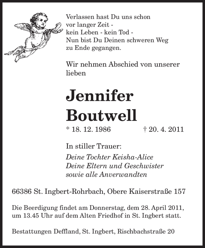  Traueranzeige für Jennifer Boutwell vom 27.04.2011 aus SAARBRÜCKER ZEITUNG