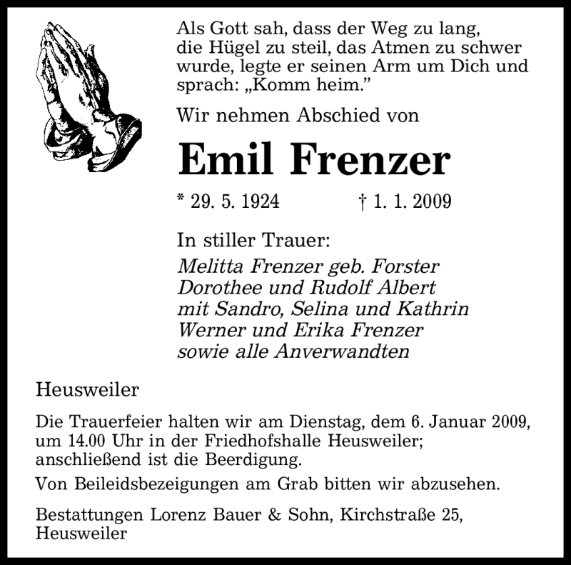  Traueranzeige für Emil Frenzer vom 03.01.2009 aus SAARBRÜCKER ZEITUNG