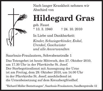 Traueranzeige von Hildegard Gras von SAARBRÜCKER ZEITUNG