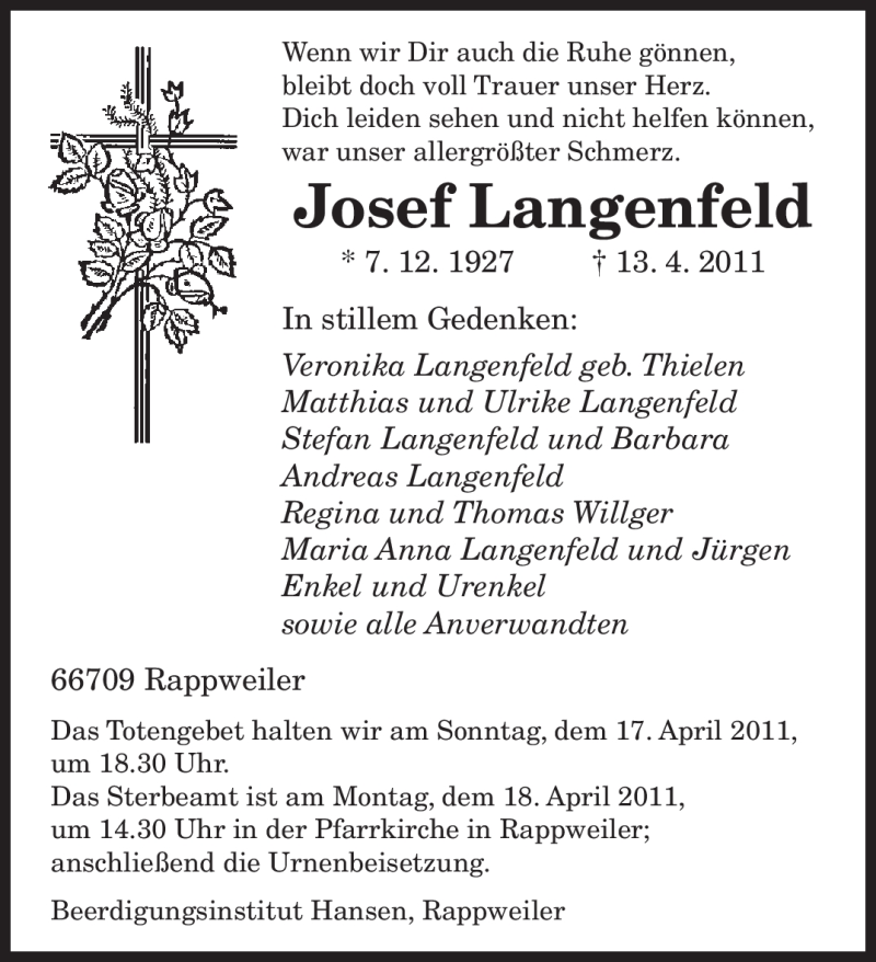  Traueranzeige für Josef Langenfeld vom 16.04.2011 aus SAARBRÜCKER ZEITUNG