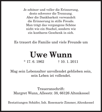 Traueranzeige von Uwe Wunn von SAARBRÜCKER ZEITUNG