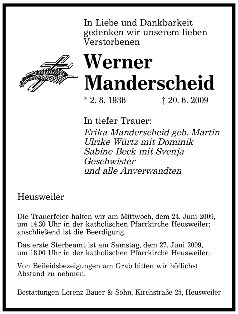  Traueranzeige für Werner Manderscheid vom 22.06.2009 aus SAARBRÜCKER ZEITUNG