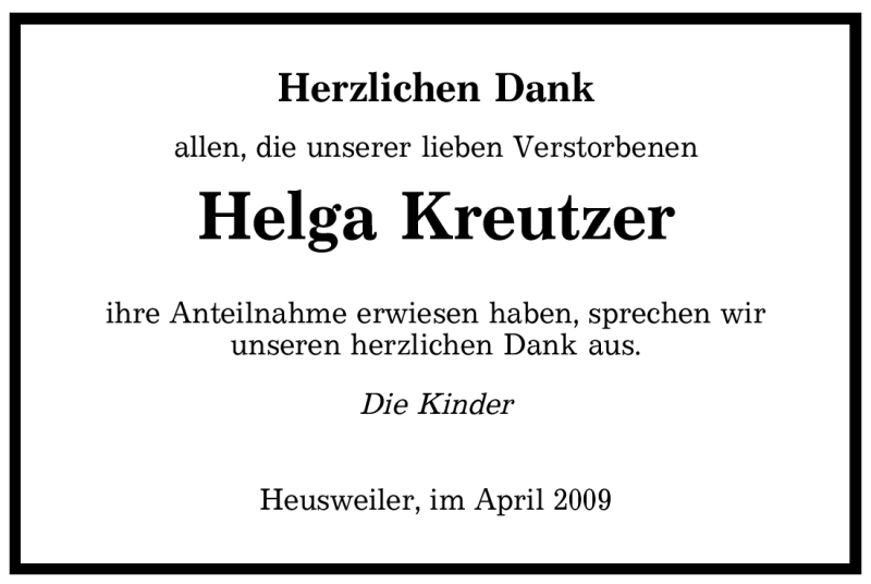  Traueranzeige für Helga Kreutzer vom 03.04.2009 aus SAARBRÜCKER ZEITUNG