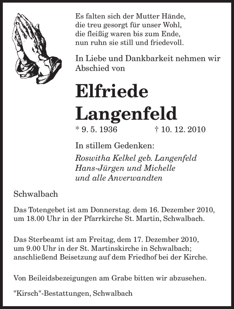  Traueranzeige für Elfriede Langenfeld vom 15.12.2010 aus SAARBRÜCKER ZEITUNG