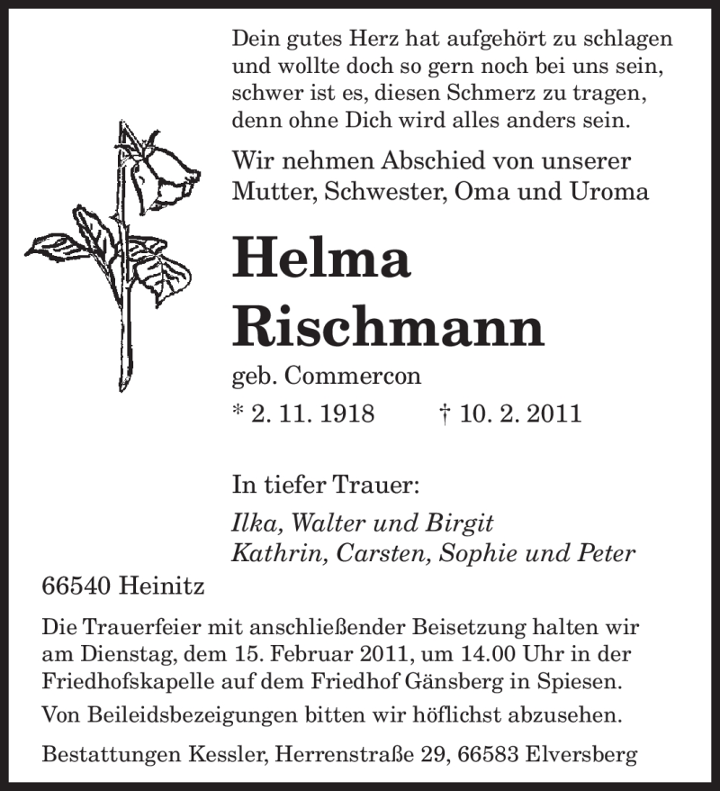  Traueranzeige für Helma Rischmann vom 14.02.2011 aus SAARBRÜCKER ZEITUNG