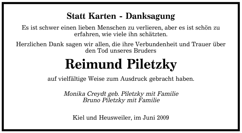  Traueranzeige für Reimund Piletzky vom 27.06.2009 aus SAARBRÜCKER ZEITUNG