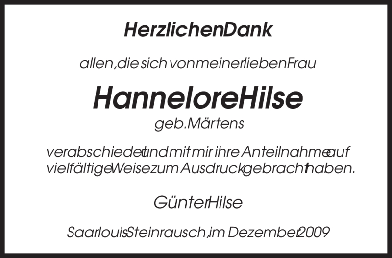  Traueranzeige für Hannelore Hilse vom 24.12.2009 aus SAARBRÜCKER ZEITUNG