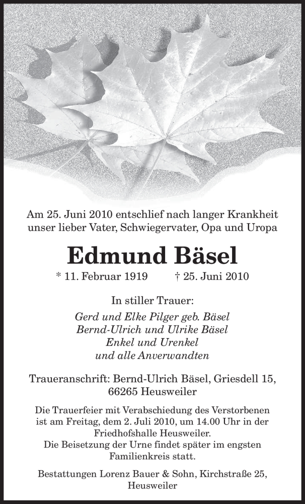  Traueranzeige für Edmund Bäsel vom 29.06.2010 aus SAARBRÜCKER ZEITUNG