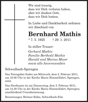 Traueranzeige von Bernhard Mathis von SAARBRÜCKER ZEITUNG