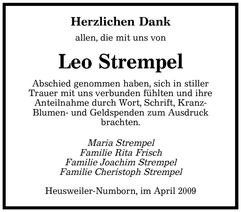  Traueranzeige für Leo Strempel vom 25.04.2009 aus SAARBRÜCKER ZEITUNG
