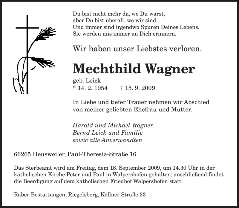  Traueranzeige für Mechthild Wagner vom 17.09.2009 aus SAARBRÜCKER ZEITUNG