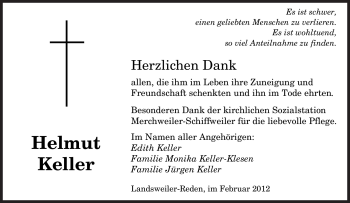 Traueranzeige von Helmut Keller von SAARBRÜCKER ZEITUNG