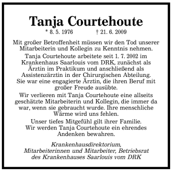 Traueranzeige von Tanja Courtehoute von SAARBRÜCKER ZEITUNG