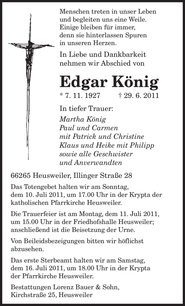  Traueranzeige für Edgar König vom 06.07.2011 aus SAARBRÜCKER ZEITUNG