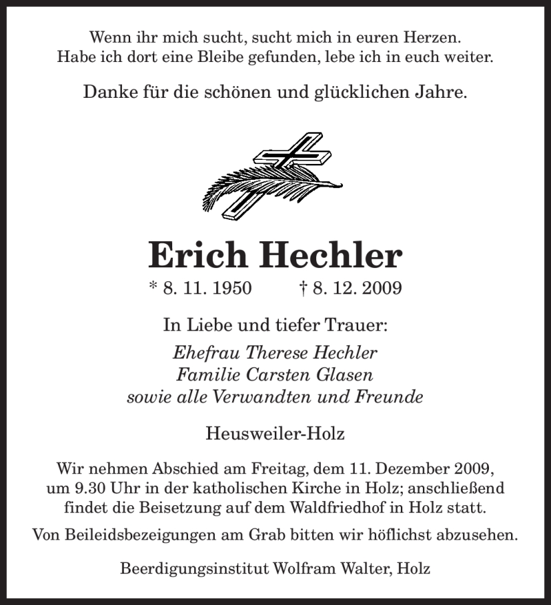  Traueranzeige für Erich Hechler vom 10.12.2009 aus SAARBRÜCKER ZEITUNG