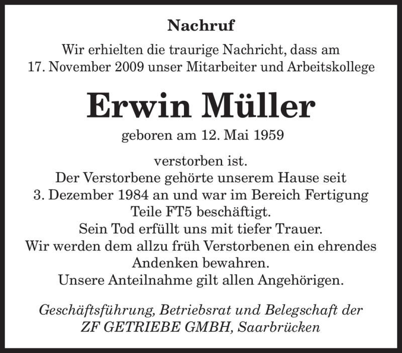  Traueranzeige für Erwin Müller vom 21.11.2009 aus SAARBRÜCKER ZEITUNG