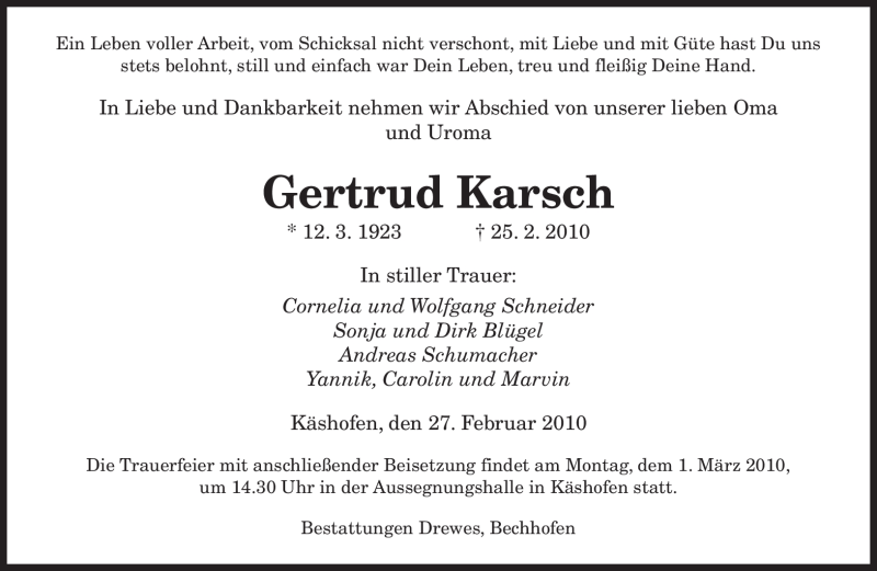  Traueranzeige für Gertrud Karsch vom 27.02.2010 aus SAARBRÜCKER ZEITUNG