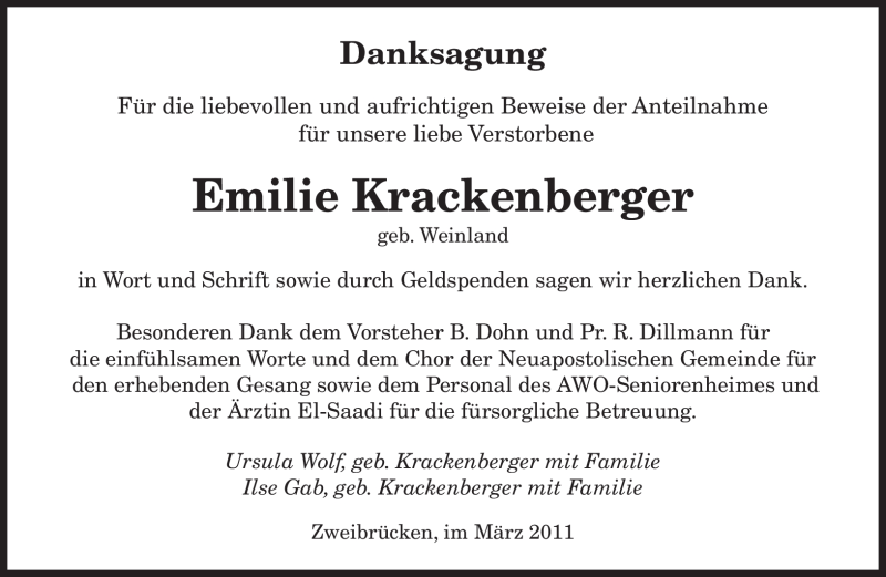  Traueranzeige für Emilie Krackenberger vom 26.03.2011 aus SAARBRÜCKER ZEITUNG