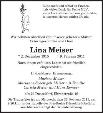 Traueranzeige von Lina Meiser von SAARBRÜCKER ZEITUNG