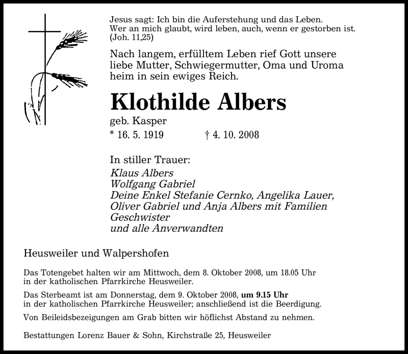  Traueranzeige für Klothilde Albers vom 07.10.2008 aus SAARBRÜCKER ZEITUNG