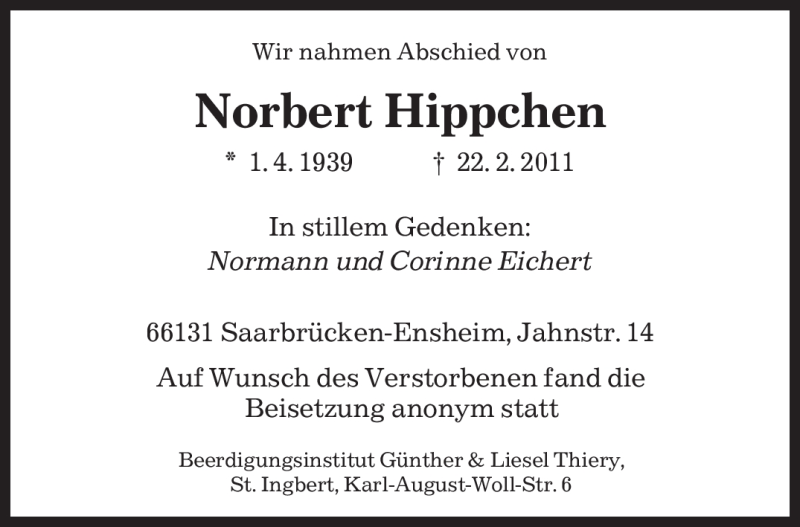  Traueranzeige für Norbert Hippchen vom 03.03.2011 aus SAARBRÜCKER ZEITUNG
