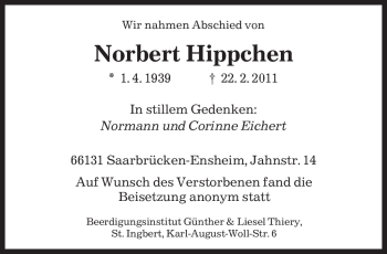 Traueranzeige von Norbert Hippchen von SAARBRÜCKER ZEITUNG