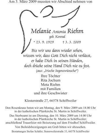 Traueranzeige von Melanie Antonia Riehm von SAARBRÜCKER ZEITUNG