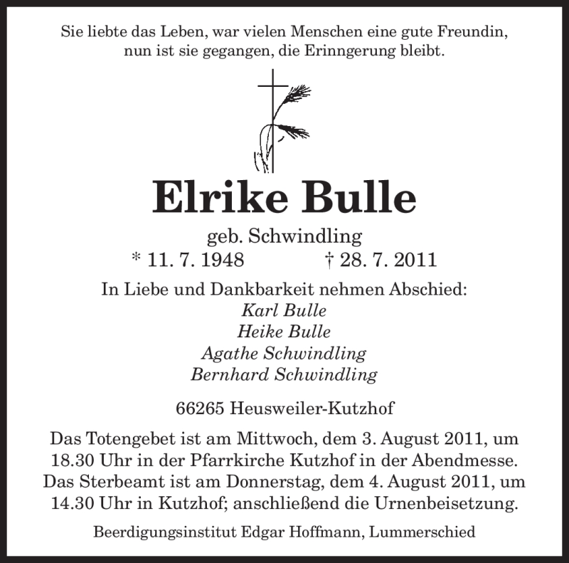  Traueranzeige für Elrike Bulle vom 01.08.2011 aus SAARBRÜCKER ZEITUNG