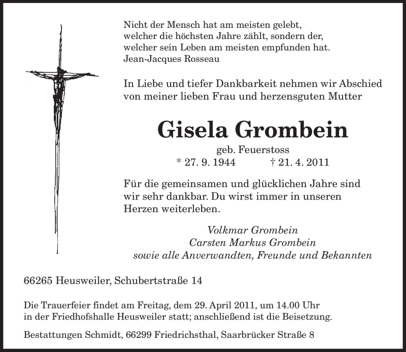  Traueranzeige für Gisela Grombein vom 27.04.2011 aus SAARBRÜCKER ZEITUNG