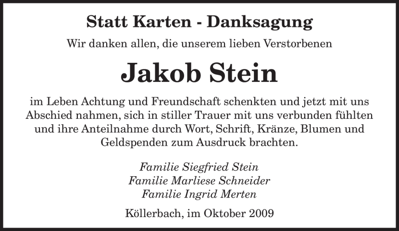  Traueranzeige für Jakob Stein vom 24.10.2009 aus SAARBRÜCKER ZEITUNG