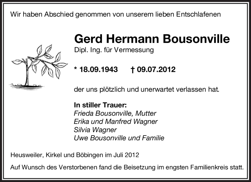 Traueranzeige für Gerd Hermann Bousonville vom 18.07.2012 aus SAARBRÜCKER ZEITUNG