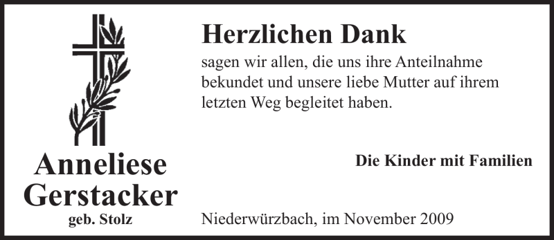  Traueranzeige für Anneliese Gerstacker vom 21.11.2009 aus SAARBRÜCKER ZEITUNG