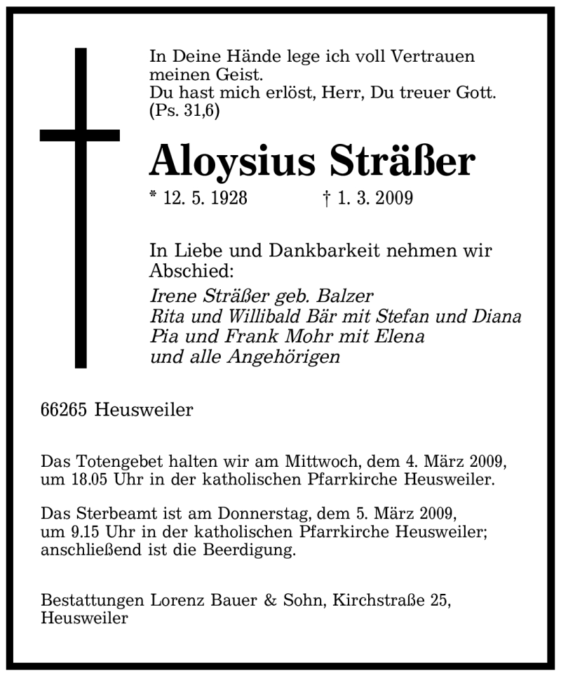  Traueranzeige für Aloysius Sträßer vom 03.03.2009 aus SAARBRÜCKER ZEITUNG