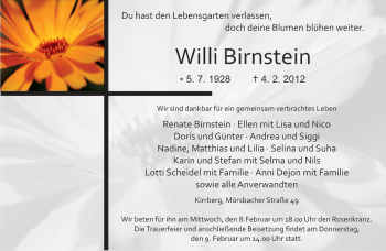 Traueranzeige von Willi Birnstein von SAARBRÜCKER ZEITUNG