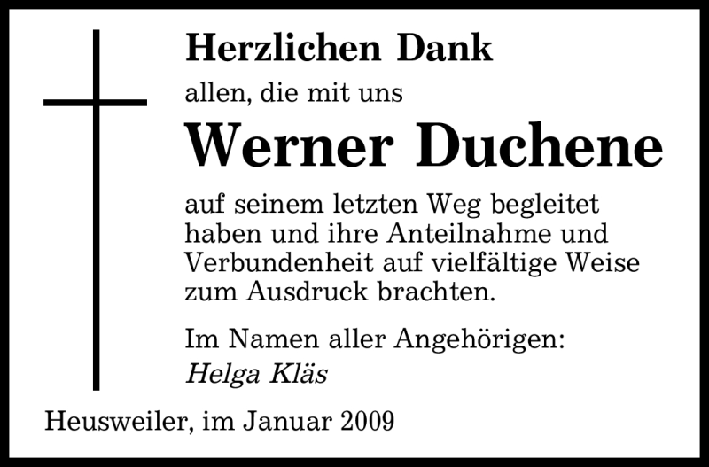  Traueranzeige für Werner Duchene vom 17.01.2009 aus SAARBRÜCKER ZEITUNG